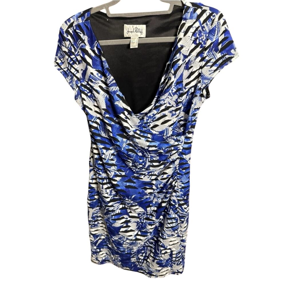 Joseph Ribkoff Blue White Black Abstract Ruched V‑Neck Tunic Dress